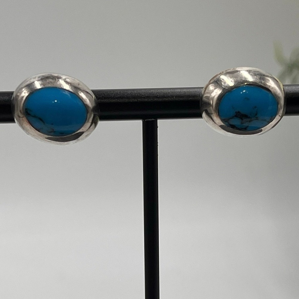 Mexico Taxco Vintage NAVAJO TURQUOISE Sterling Silver Pierced Stud Earrings